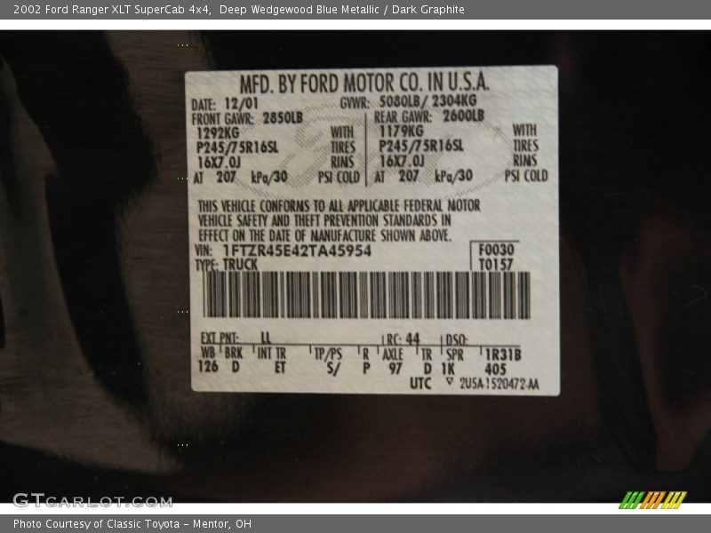 2002 Ranger XLT SuperCab 4x4 Deep Wedgewood Blue Metallic Color Code LL