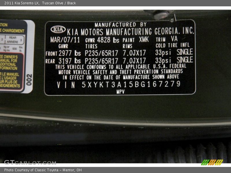 Tuscan Olive / Black 2011 Kia Sorento LX