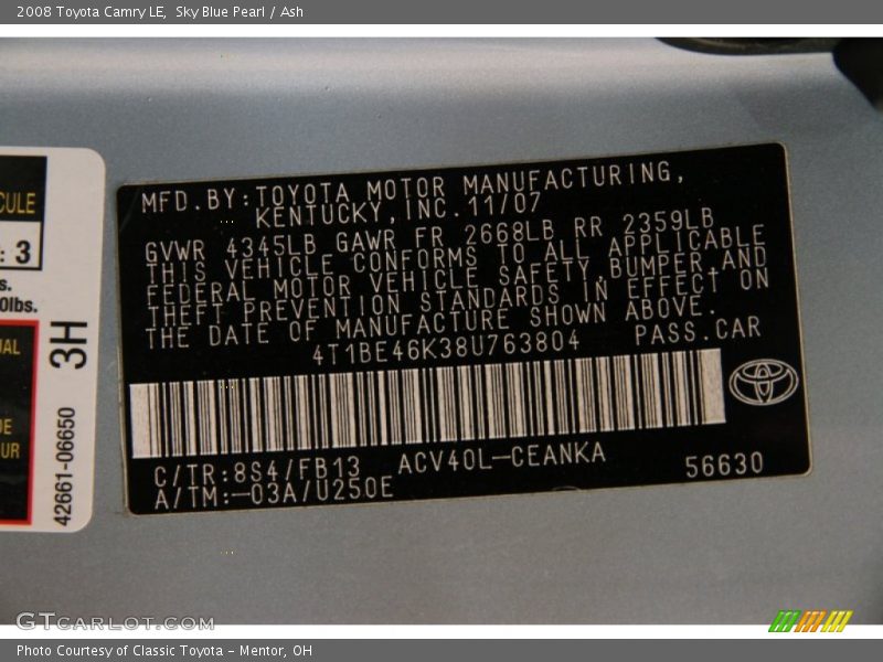 Sky Blue Pearl / Ash 2008 Toyota Camry LE