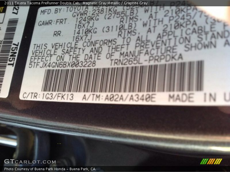 Magnetic Gray Metallic / Graphite Gray 2011 Toyota Tacoma PreRunner Double Cab