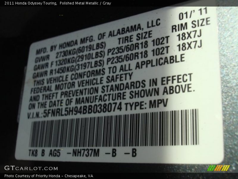 Polished Metal Metallic / Gray 2011 Honda Odyssey Touring