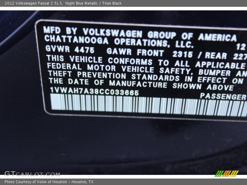 Night Blue Metallic / Titan Black 2012 Volkswagen Passat 2.5L S