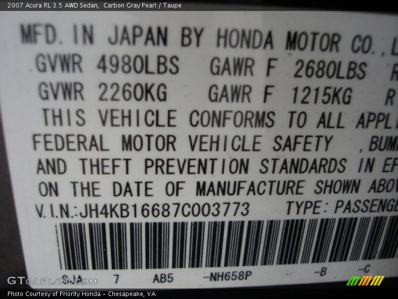 Carbon Gray Pearl / Taupe 2007 Acura RL 3.5 AWD Sedan