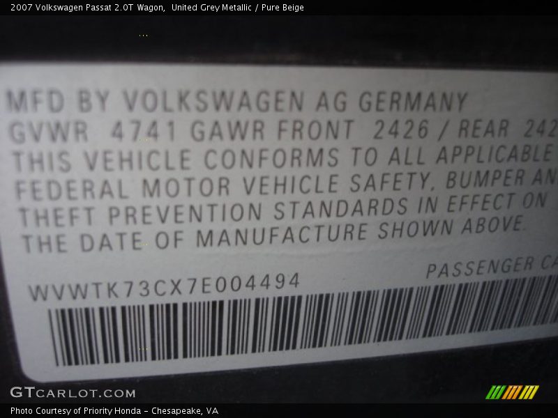 United Grey Metallic / Pure Beige 2007 Volkswagen Passat 2.0T Wagon