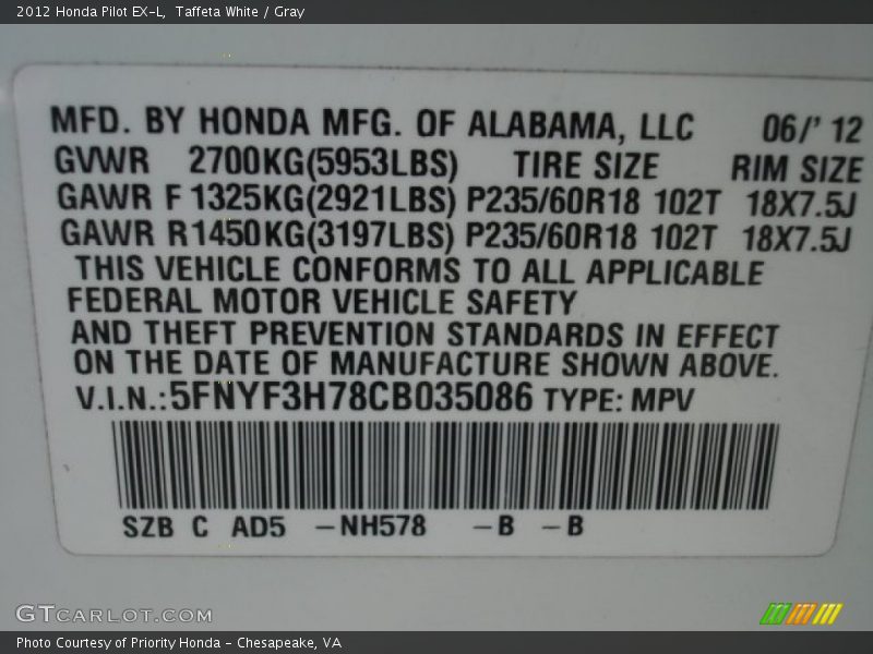 Taffeta White / Gray 2012 Honda Pilot EX-L
