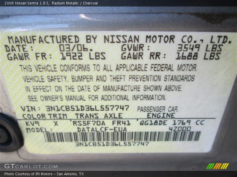 Radium Metallic / Charcoal 2006 Nissan Sentra 1.8 S