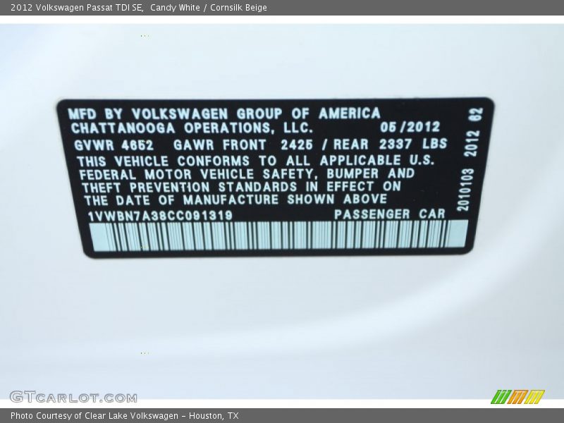 Candy White / Cornsilk Beige 2012 Volkswagen Passat TDI SE