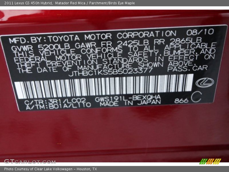2011 GS 450h Hybrid Matador Red Mica Color Code 3R1