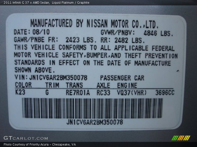 Liquid Platinum / Graphite 2011 Infiniti G 37 x AWD Sedan