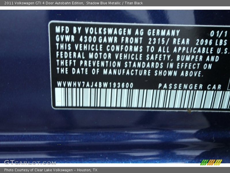 Shadow Blue Metallic / Titan Black 2011 Volkswagen GTI 4 Door Autobahn Edition