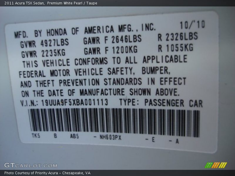 Premium White Pearl / Taupe 2011 Acura TSX Sedan