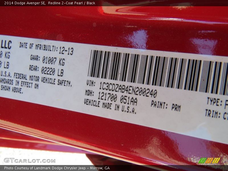 Redline 2-Coat Pearl / Black 2014 Dodge Avenger SE