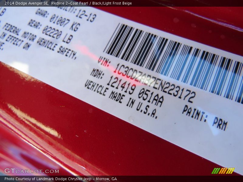 Redline 2-Coat Pearl / Black/Light Frost Beige 2014 Dodge Avenger SE