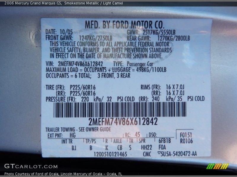 Smokestone Metallic / Light Camel 2006 Mercury Grand Marquis GS