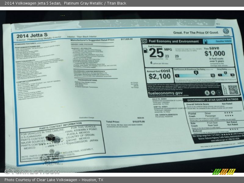 Platinum Gray Metallic / Titan Black 2014 Volkswagen Jetta S Sedan