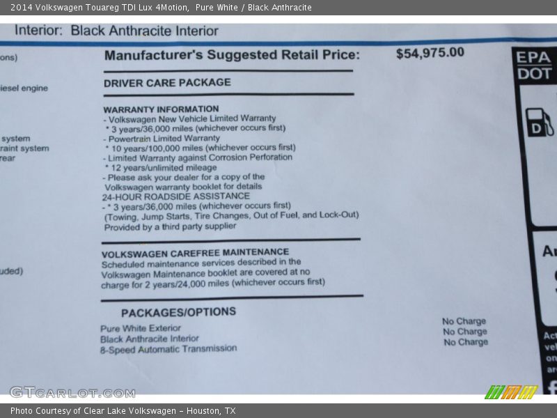 Pure White / Black Anthracite 2014 Volkswagen Touareg TDI Lux 4Motion