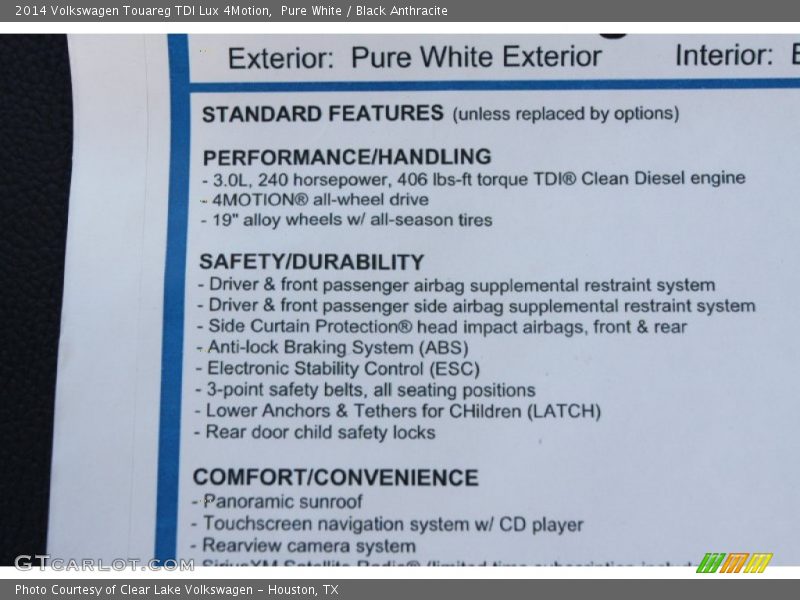 Pure White / Black Anthracite 2014 Volkswagen Touareg TDI Lux 4Motion