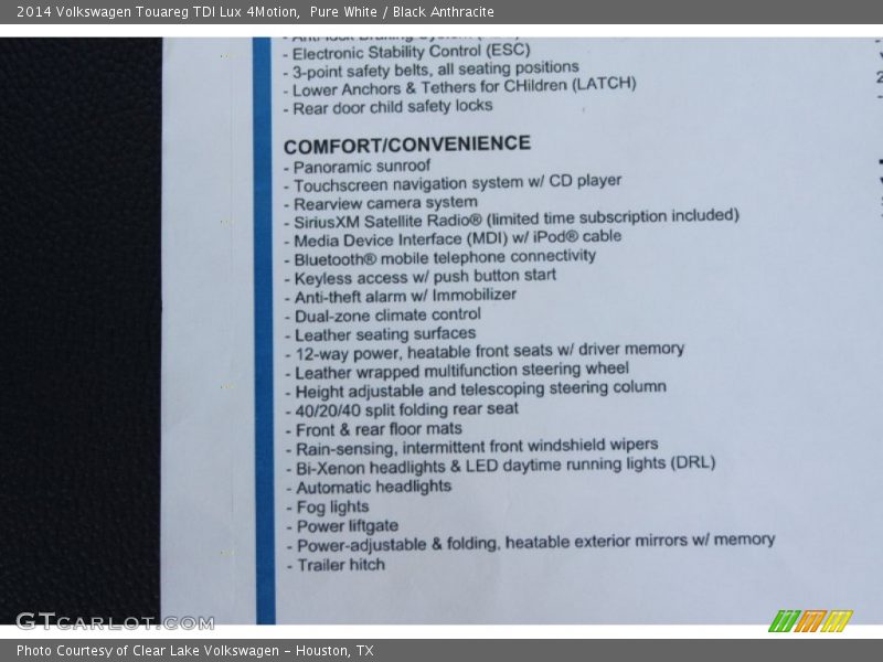 Pure White / Black Anthracite 2014 Volkswagen Touareg TDI Lux 4Motion