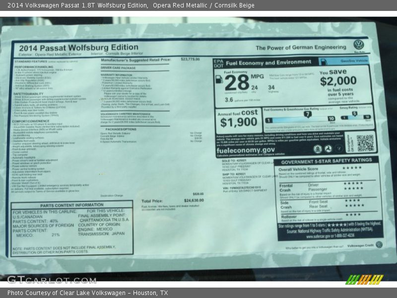 Opera Red Metallic / Cornsilk Beige 2014 Volkswagen Passat 1.8T Wolfsburg Edition