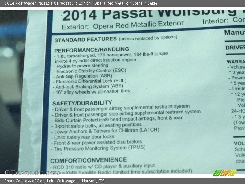 Opera Red Metallic / Cornsilk Beige 2014 Volkswagen Passat 1.8T Wolfsburg Edition