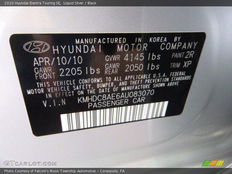 Liquid Silver / Black 2010 Hyundai Elantra Touring SE