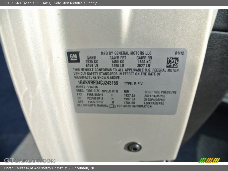 Gold Mist Metallic / Ebony 2012 GMC Acadia SLT AWD