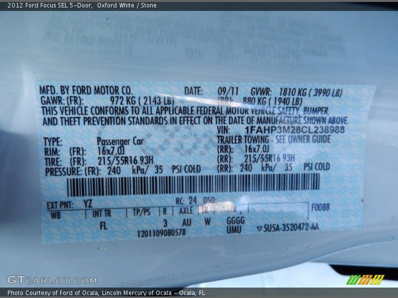 Oxford White / Stone 2012 Ford Focus SEL 5-Door