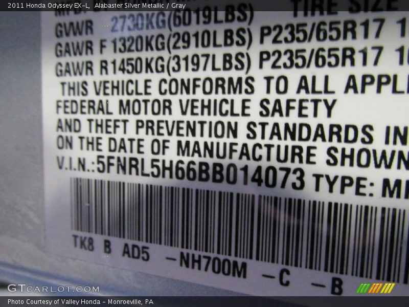 Alabaster Silver Metallic / Gray 2011 Honda Odyssey EX-L