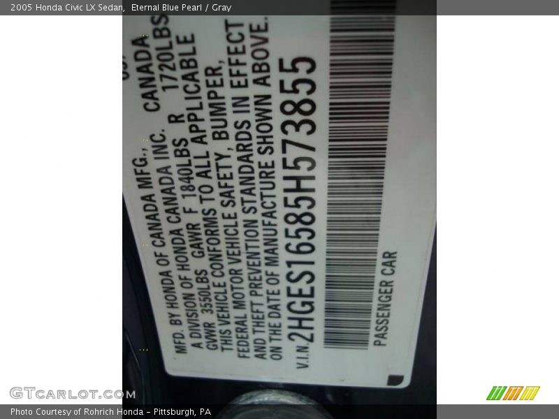 Eternal Blue Pearl / Gray 2005 Honda Civic LX Sedan