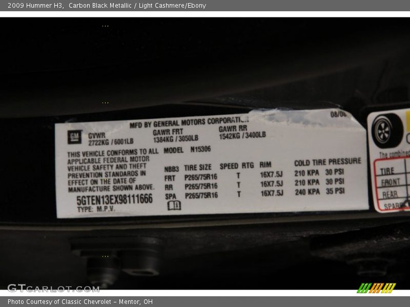 Carbon Black Metallic / Light Cashmere/Ebony 2009 Hummer H3