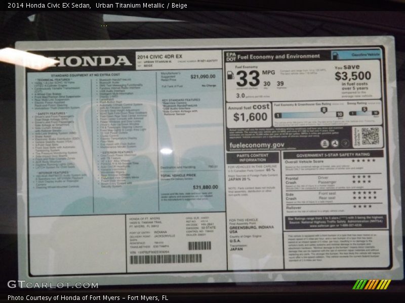  2014 Civic EX Sedan Window Sticker