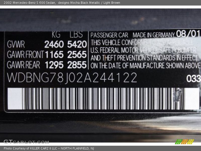 2002 S 600 Sedan designo Mocha Black Metallic Color Code 033