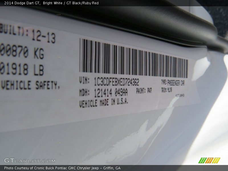 Bright White / GT Black/Ruby Red 2014 Dodge Dart GT