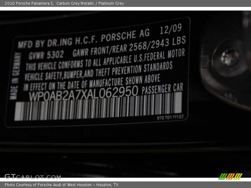 Carbon Grey Metallic / Platinum Grey 2010 Porsche Panamera S