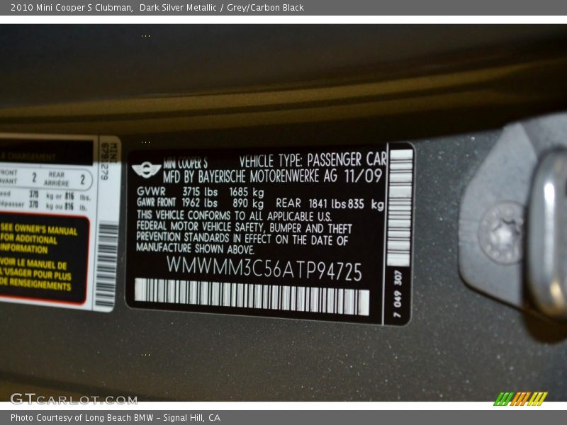 Dark Silver Metallic / Grey/Carbon Black 2010 Mini Cooper S Clubman