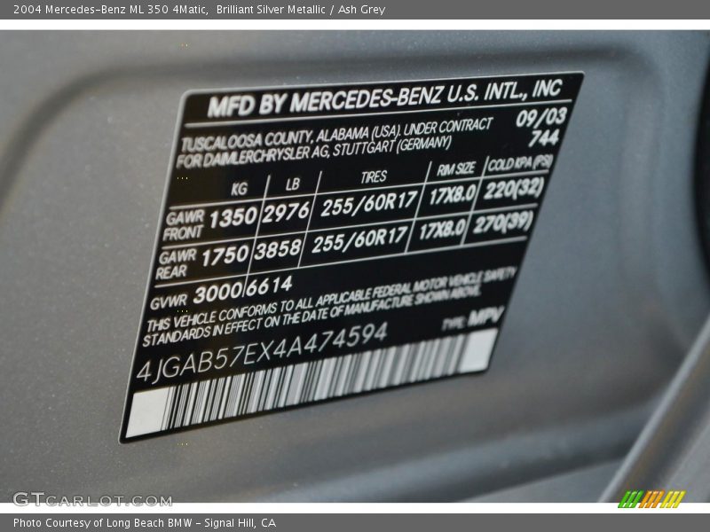Brilliant Silver Metallic / Ash Grey 2004 Mercedes-Benz ML 350 4Matic