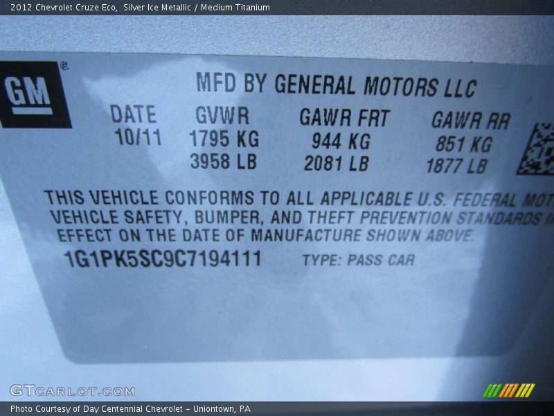 Silver Ice Metallic / Medium Titanium 2012 Chevrolet Cruze Eco