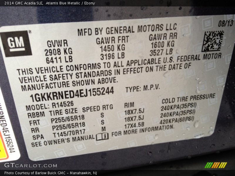 Atlantis Blue Metallic / Ebony 2014 GMC Acadia SLE
