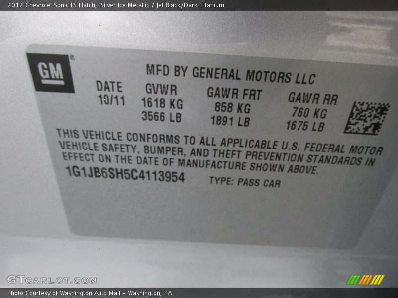 Silver Ice Metallic / Jet Black/Dark Titanium 2012 Chevrolet Sonic LS Hatch