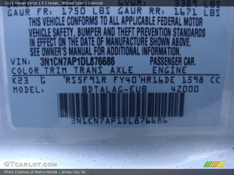 Brilliant Silver / Charcoal 2013 Nissan Versa 1.6 S Sedan