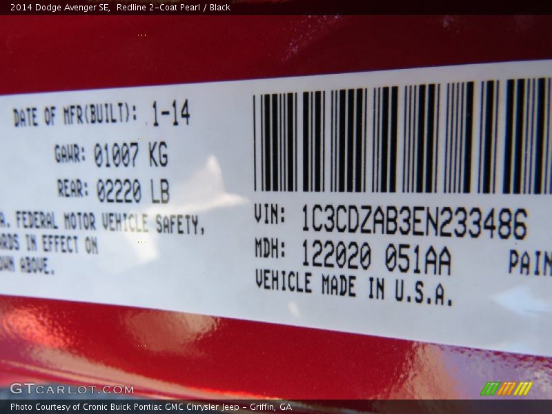 Redline 2-Coat Pearl / Black 2014 Dodge Avenger SE