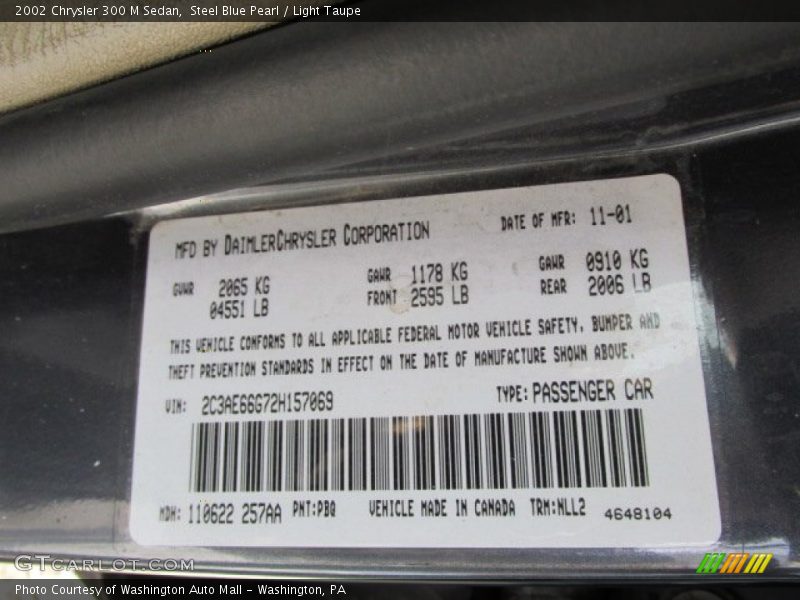 2002 300 M Sedan Steel Blue Pearl Color Code PBQ