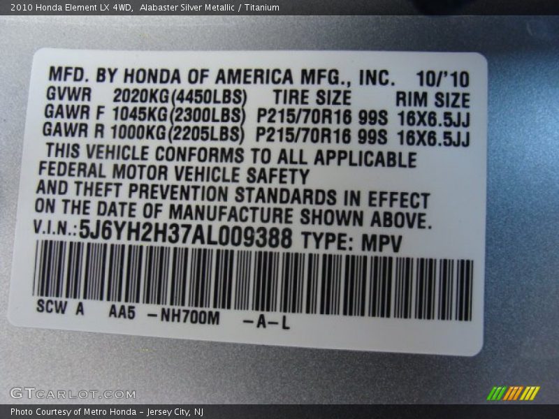 Alabaster Silver Metallic / Titanium 2010 Honda Element LX 4WD