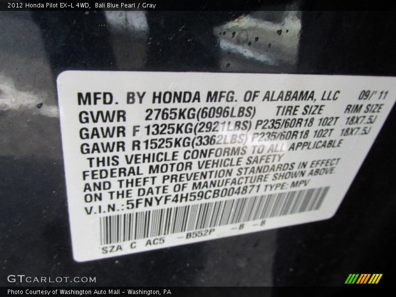 Bali Blue Pearl / Gray 2012 Honda Pilot EX-L 4WD