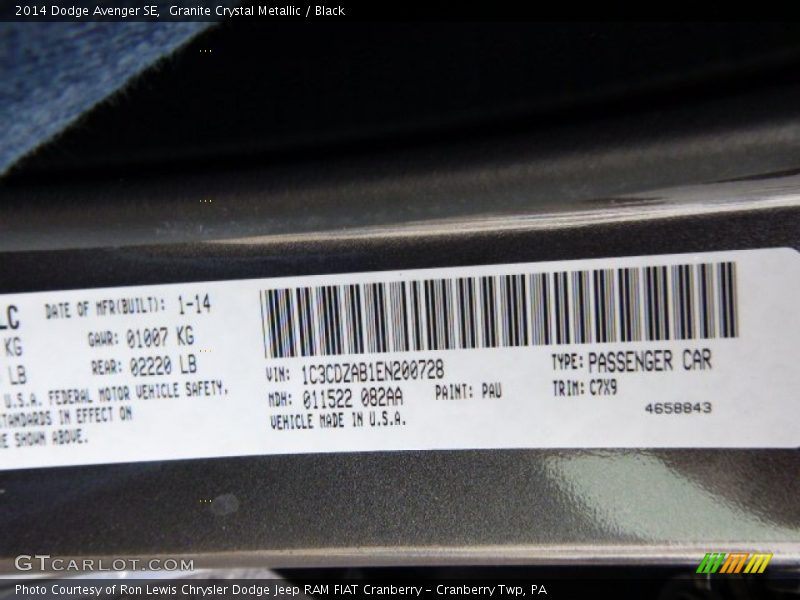 Granite Crystal Metallic / Black 2014 Dodge Avenger SE