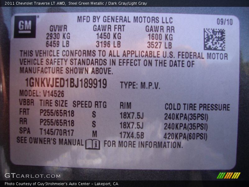 Steel Green Metallic / Dark Gray/Light Gray 2011 Chevrolet Traverse LT AWD