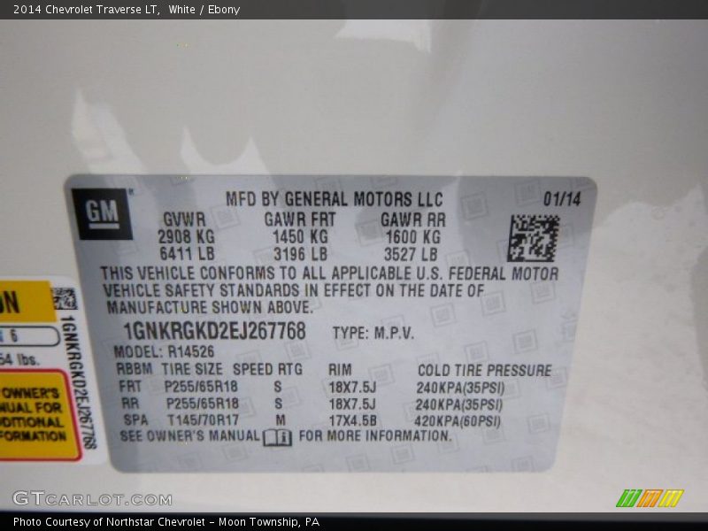 White / Ebony 2014 Chevrolet Traverse LT