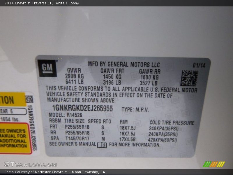 White / Ebony 2014 Chevrolet Traverse LT