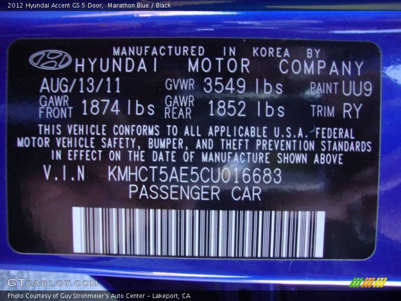 Marathon Blue / Black 2012 Hyundai Accent GS 5 Door