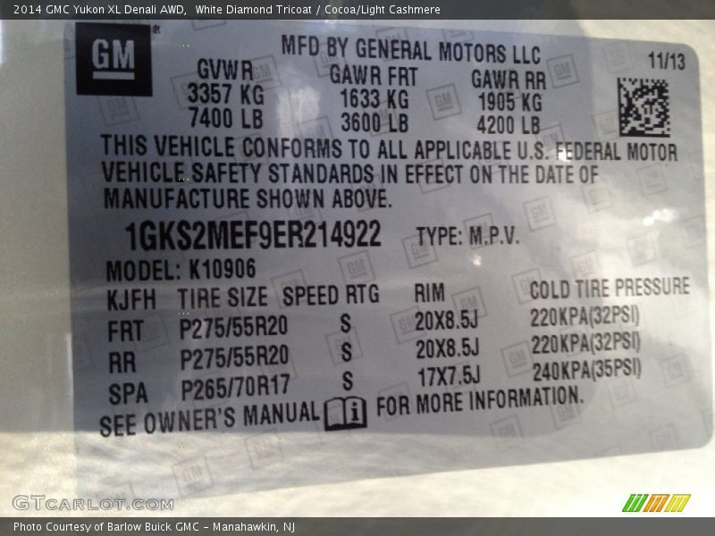 White Diamond Tricoat / Cocoa/Light Cashmere 2014 GMC Yukon XL Denali AWD